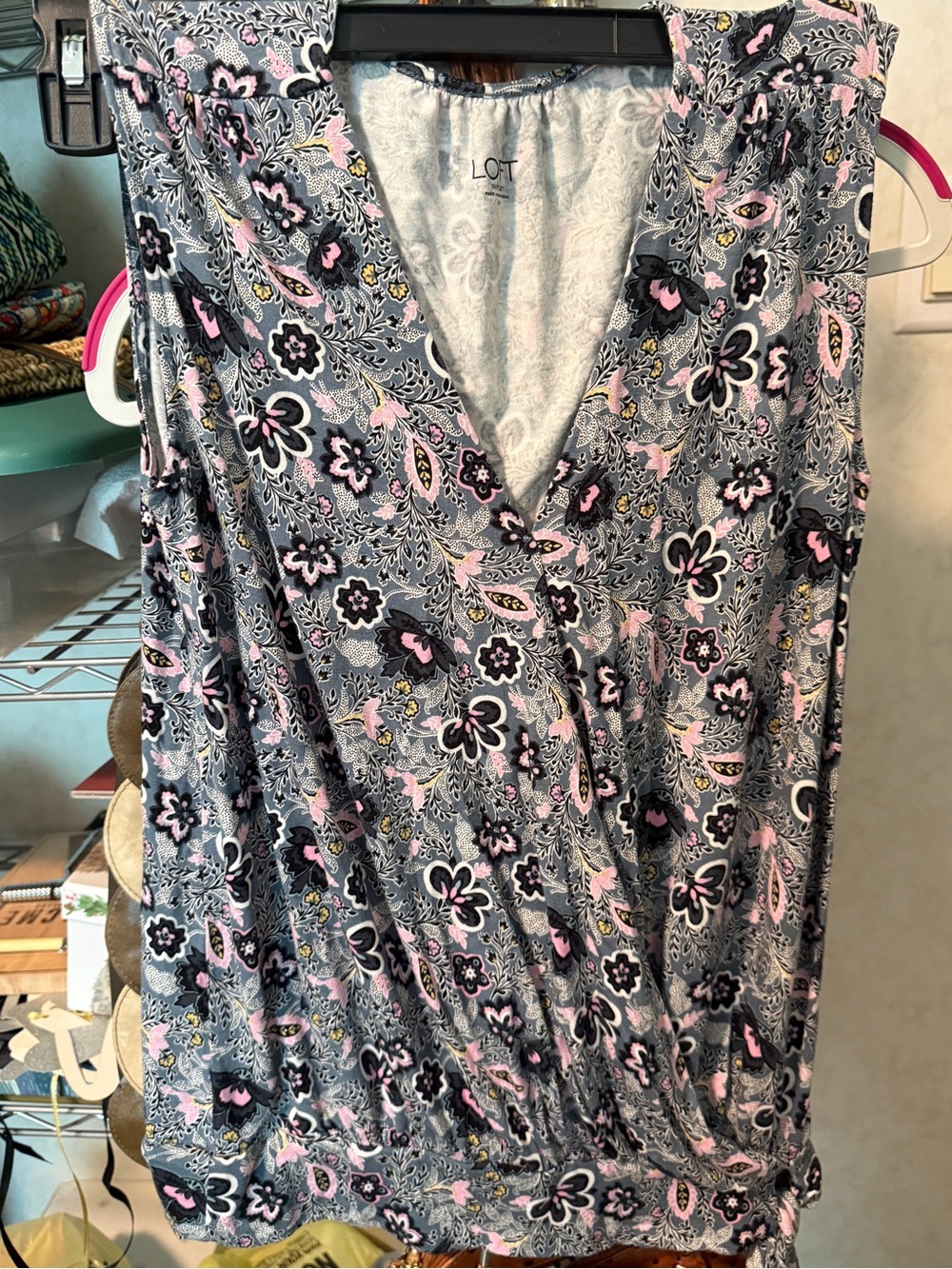 LOFT Gray Floral Wrap-Style Sleeveless Top with Pink Accents